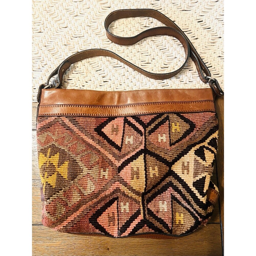 Vtg Barantani Italy Kilim Tapestry Shoulder Purse Brown Leather Woven Carpet Bag